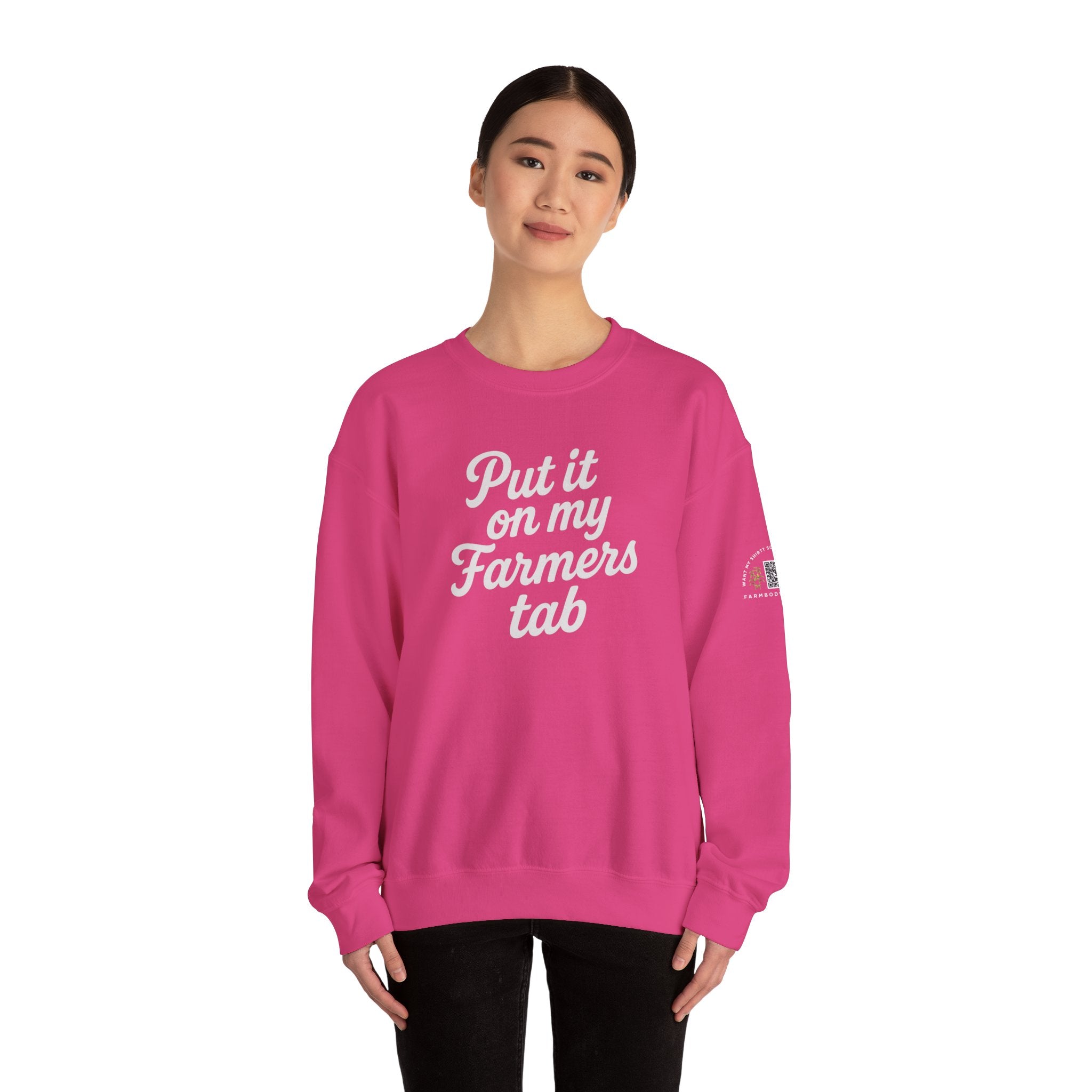 Put it on my farmers tab farm wife sweatshirt with QR code on sleeve
