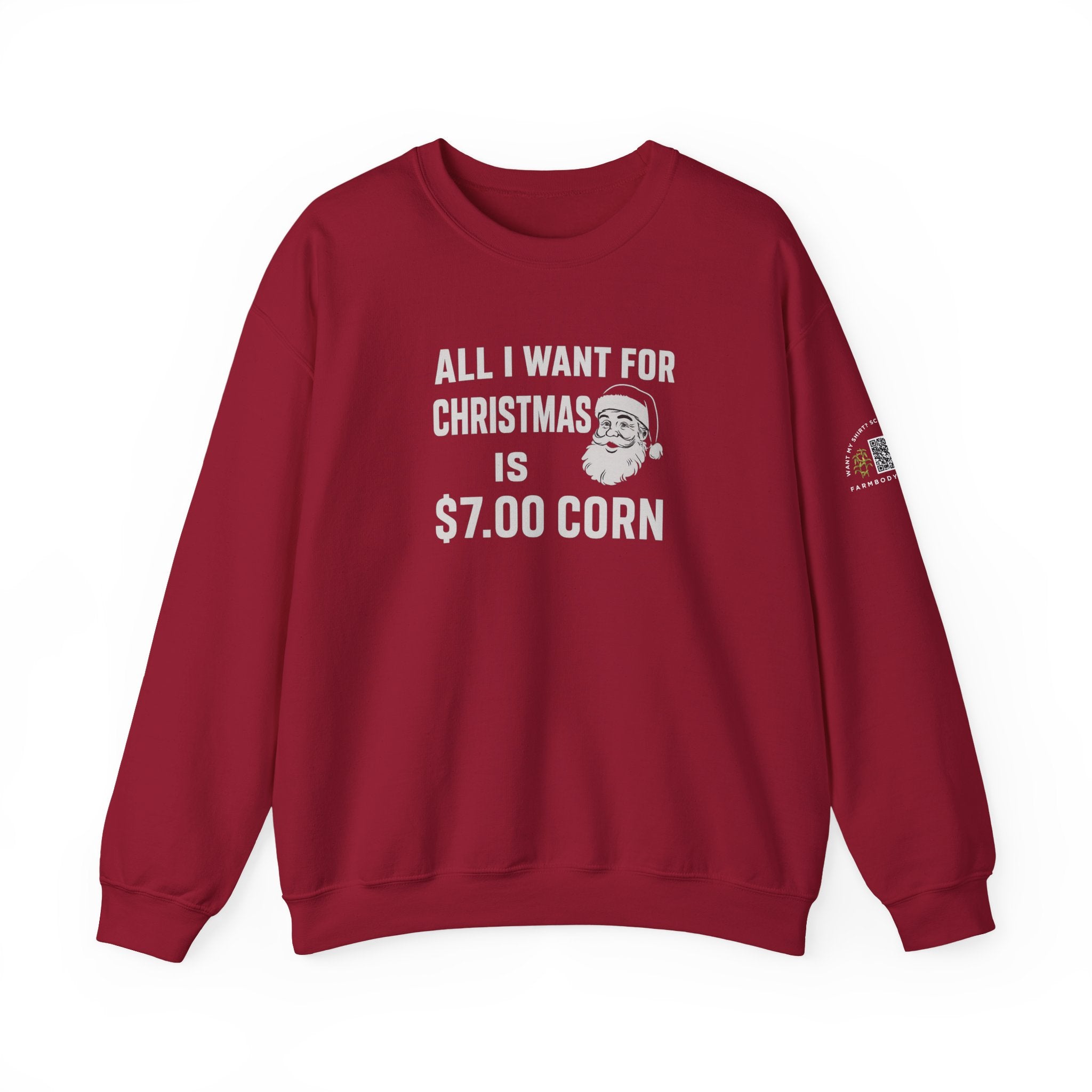 All I want for Christmas is $7 corn Funny Farming Christmas Sweatshirt, Harvest Ugly Sweater Gift, Unisex Heavy Blend Crewneck Pullover, $7 Corn Design