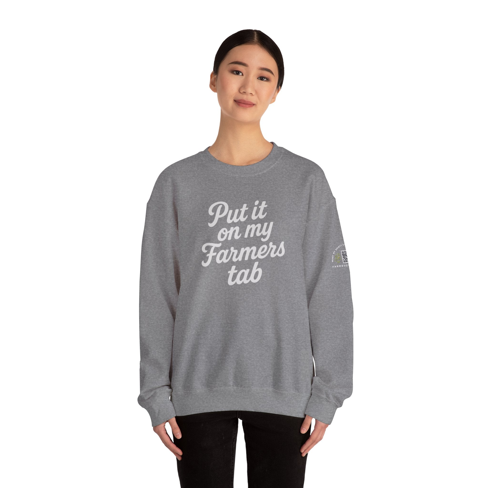 Put it on my farmers tab farm wife sweatshirt with QR code on sleeve