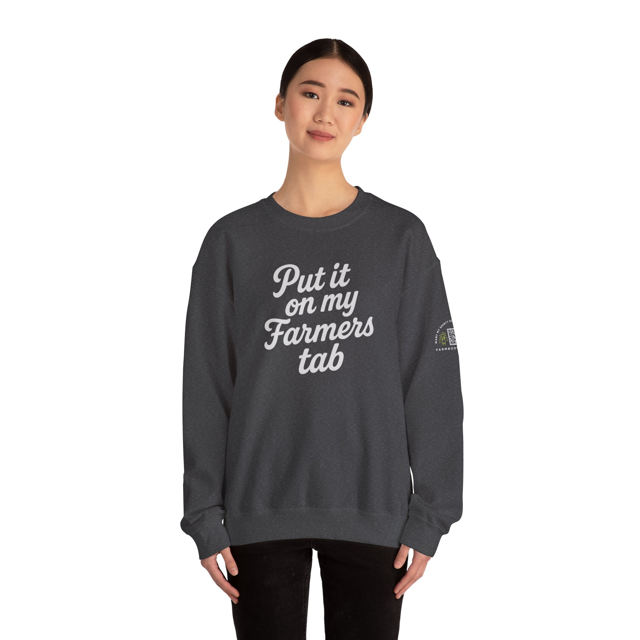 Put it on my farmers tab farm wife sweatshirt with QR code on sleeve