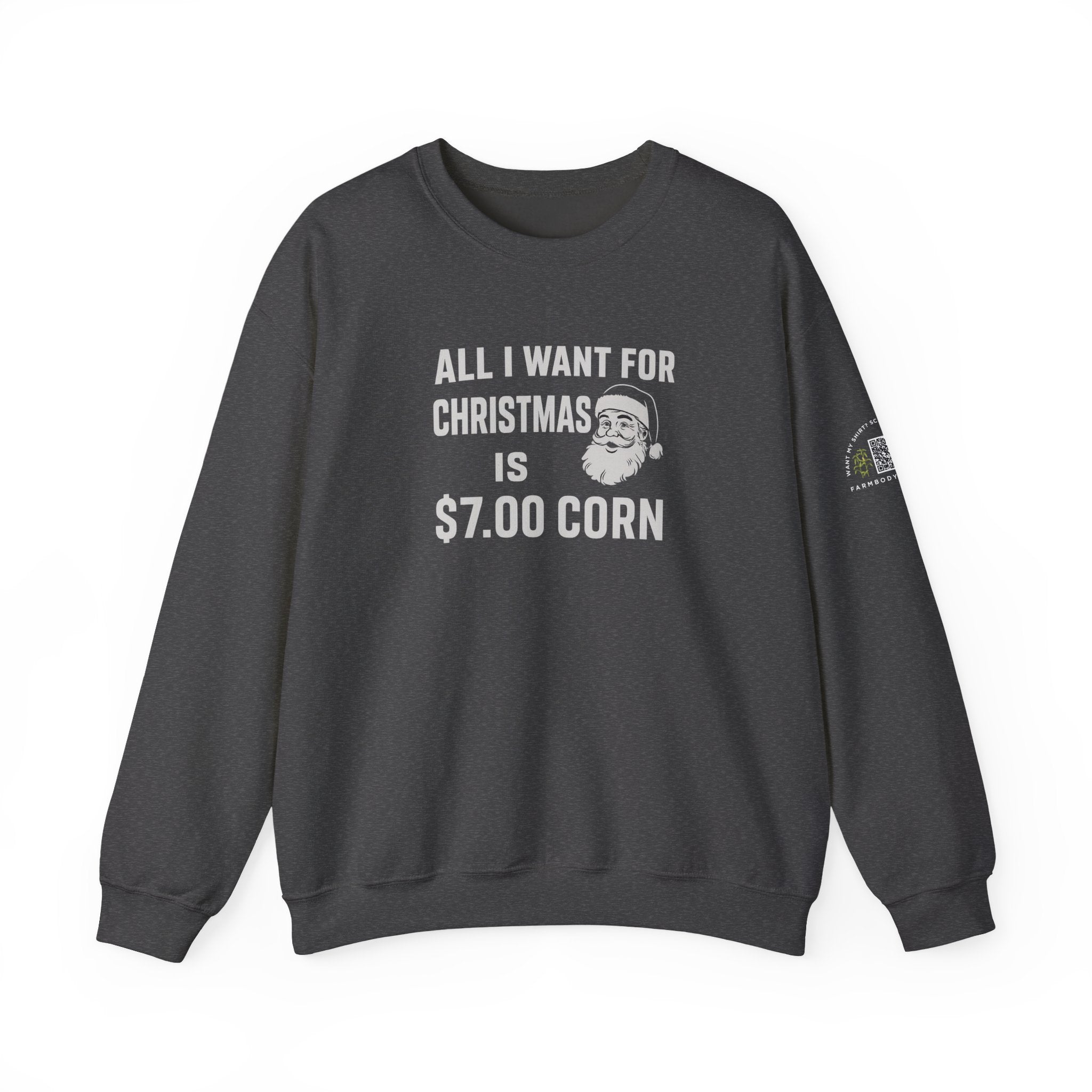 All I want for Christmas is $7 corn Funny Farming Christmas Sweatshirt, Harvest Ugly Sweater Gift, Unisex Heavy Blend Crewneck Pullover, $7 Corn Design
