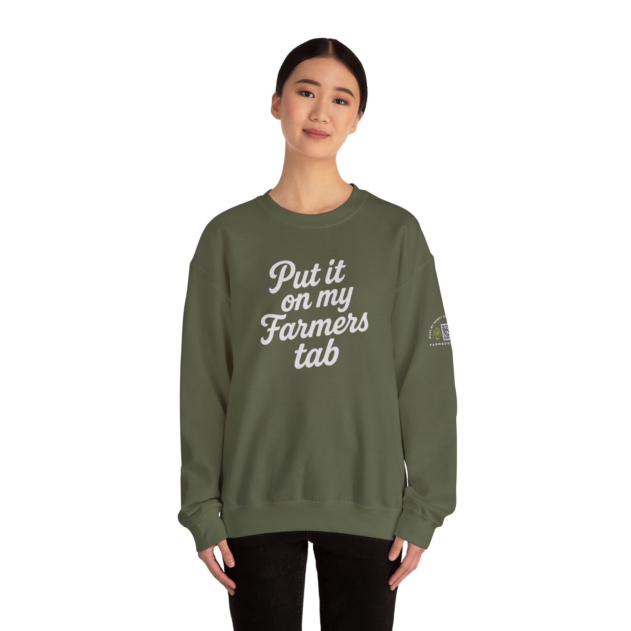 Put it on my farmers tab farm wife sweatshirt with QR code on sleeve